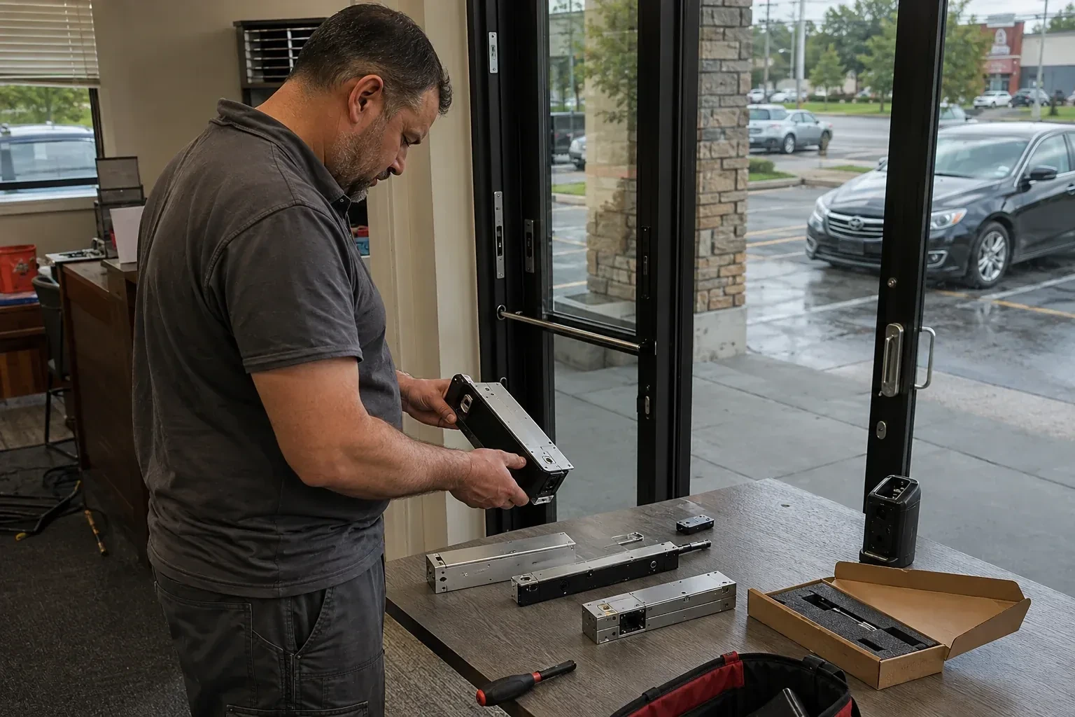 Person holding a rectangular door-hardware housing at a table with additional metal assemblies beside a glass entrance. — Access Control Installation, St. Catharines