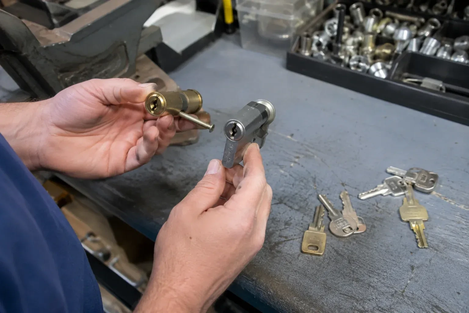 Hands comparing detached lock cylinders beside loose keys on a workbench. — Broken Key Extraction, St. Catharines