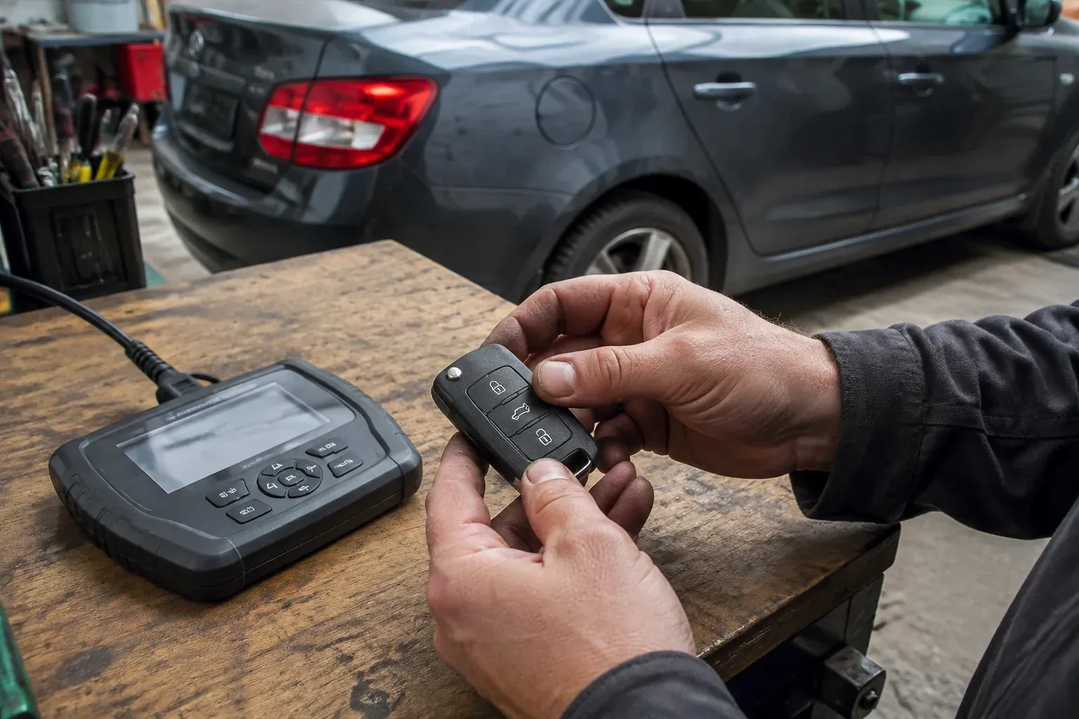 Hands holding a black car key fob above a workbench, beside a wired handheld device with a screen. — Car Key Replacement, St. Catharines