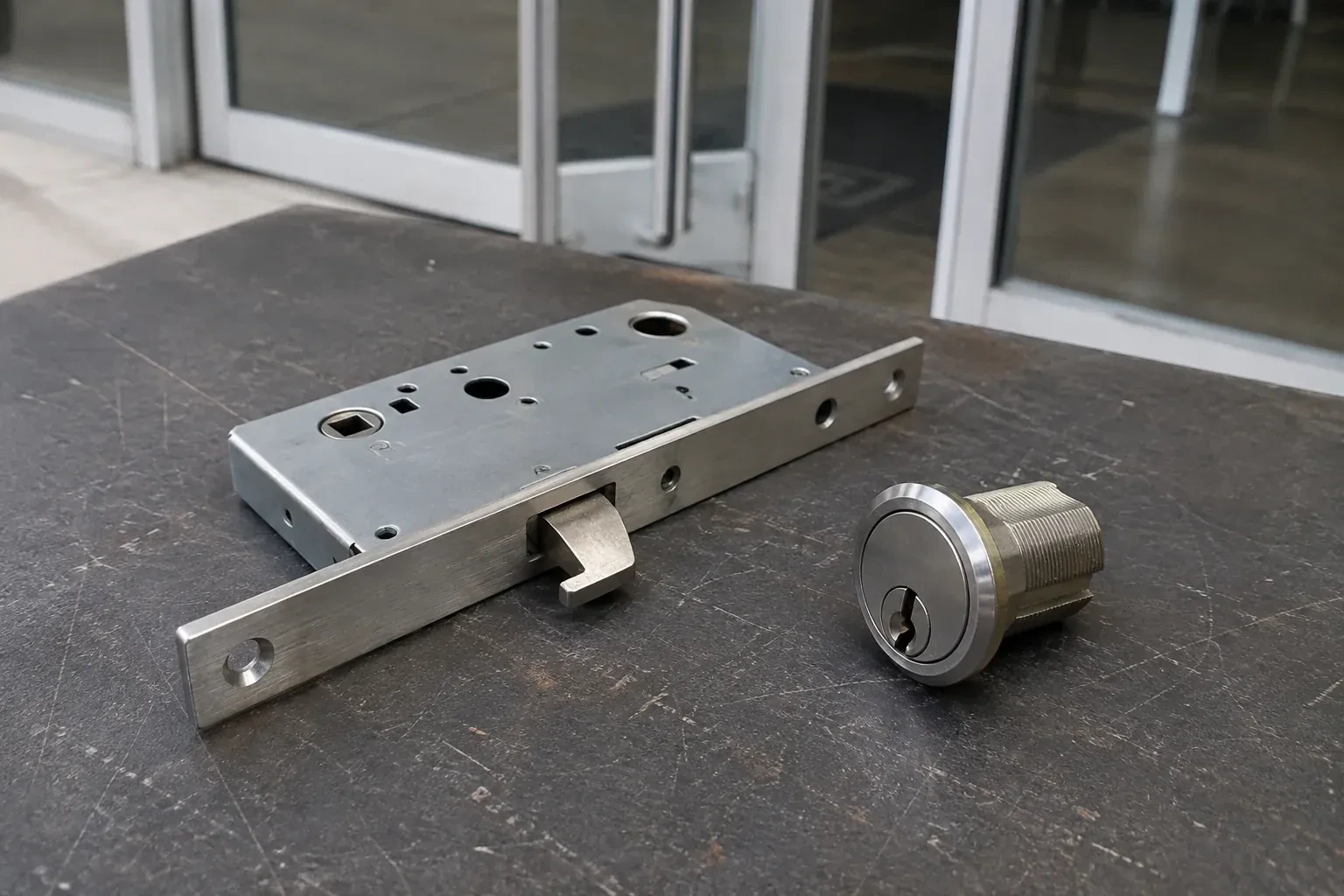 Detached mortise lock body with a projecting hook-shaped bolt beside a threaded cylinder. — Commercial-Grade Lock Replacement, St. Catharines