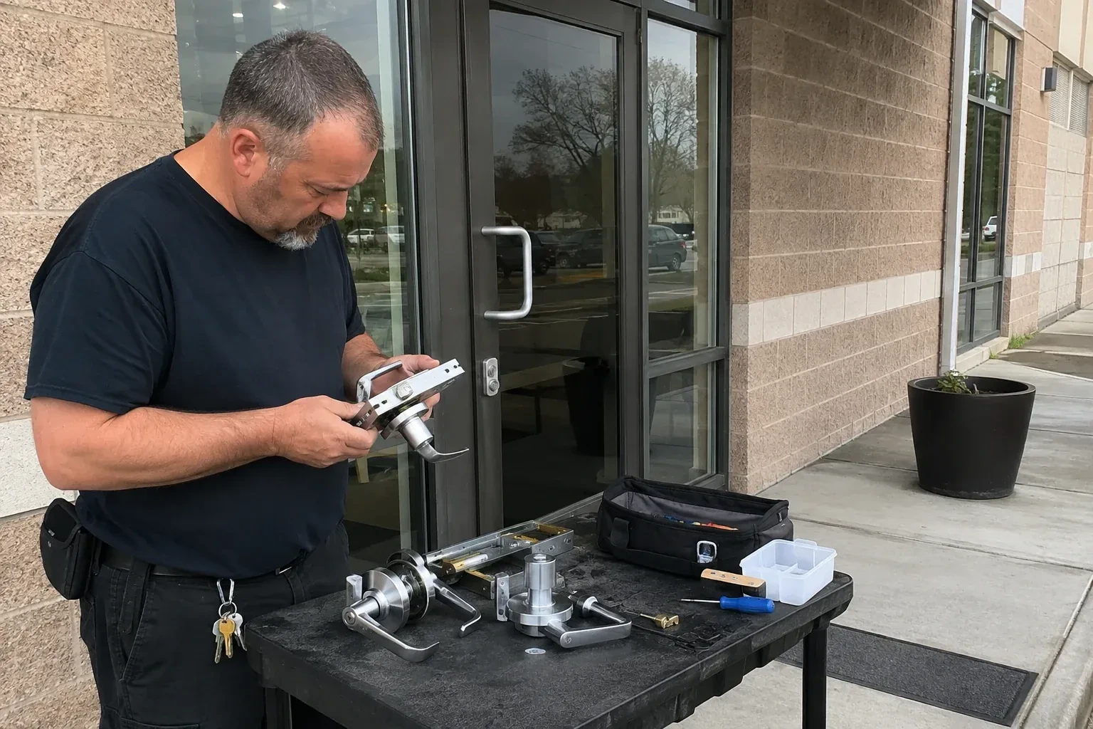 Person holding a door-handle and latch assembly at a worktable outside a glass entrance, with additional handles and tools laid out. — Commercial Rekeying, St. Catharines