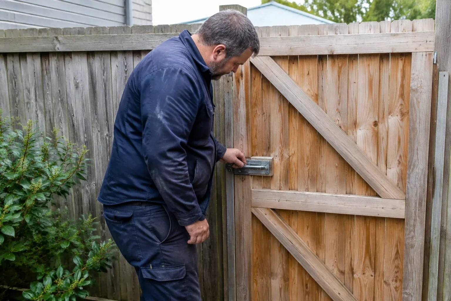 Person touching the sliding metal bolt on a wooden garden gate. — Gate & Building Entry Locks, St. Catharines