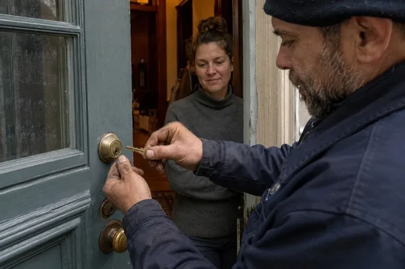 Person holding a key beside a brass-colored deadbolt on an open painted door while another person watches from inside. — Home Lockout Service, St. Catharines