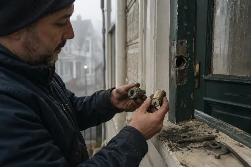 Person holding two lock cylinders beside an open painted door, with loose hardware and debris on the sill. — Seized & Jammed Lock Opening, St. Catharines
