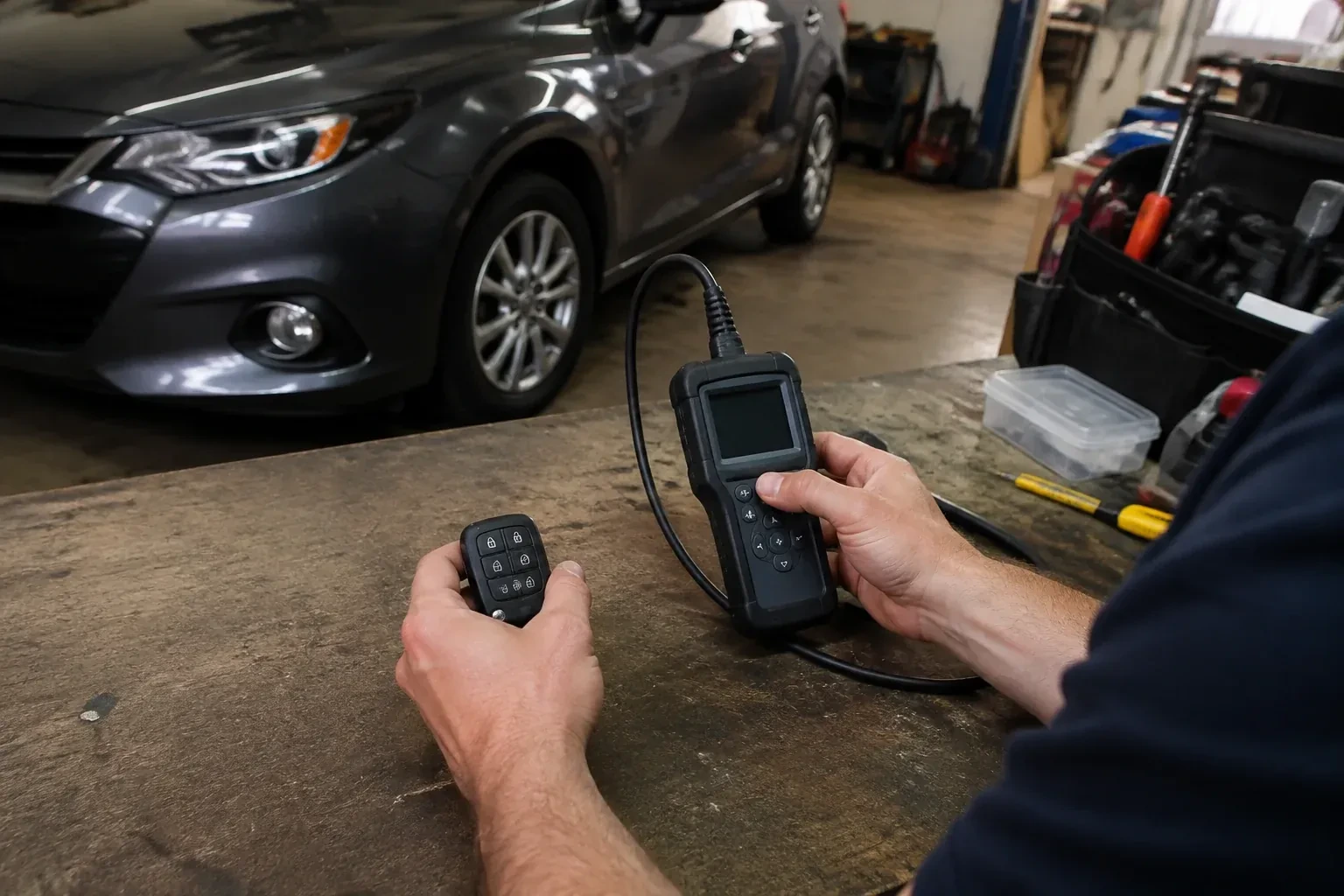 Hands holding a car-key fob and a small wired electronic device above a workbench in a garage with a parked car. — Key Fob Programming, St. Catharines