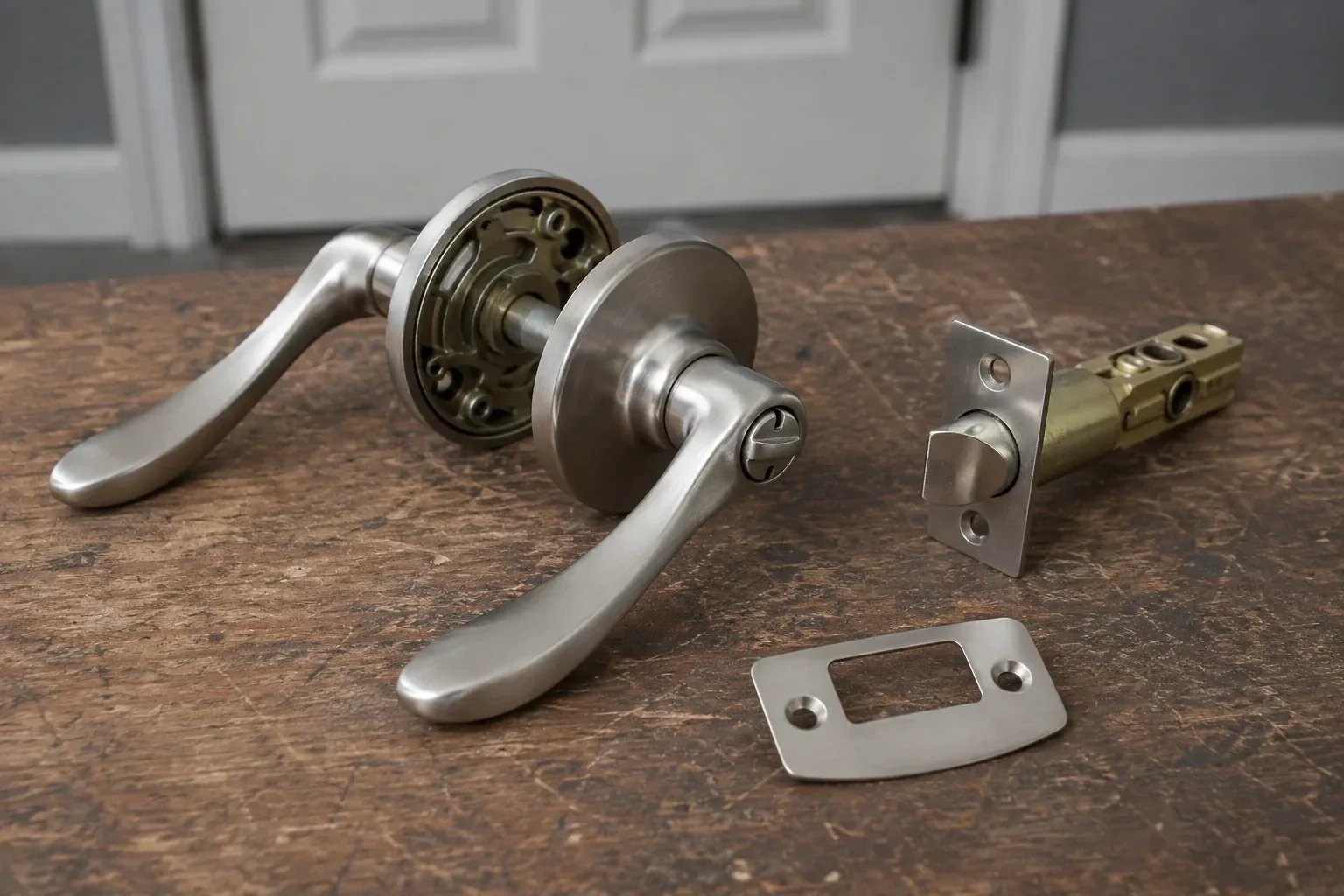 Detached satin-nickel lever hardware, tubular latch and strike plate on a wooden workbench. — Lock Replacement & Upgrade, St. Catharines