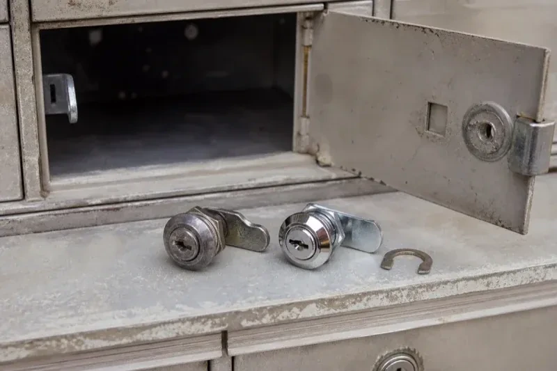 Two loose cam locks and a retaining clip resting below an open metal mailbox compartment. — Mailbox Lock Replacement, St. Catharines