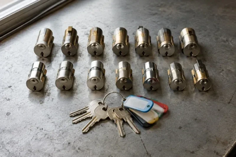 Two rows of lock cylinders on a metal surface with keys and colored key tags in front. — Master Key System Design, St. Catharines