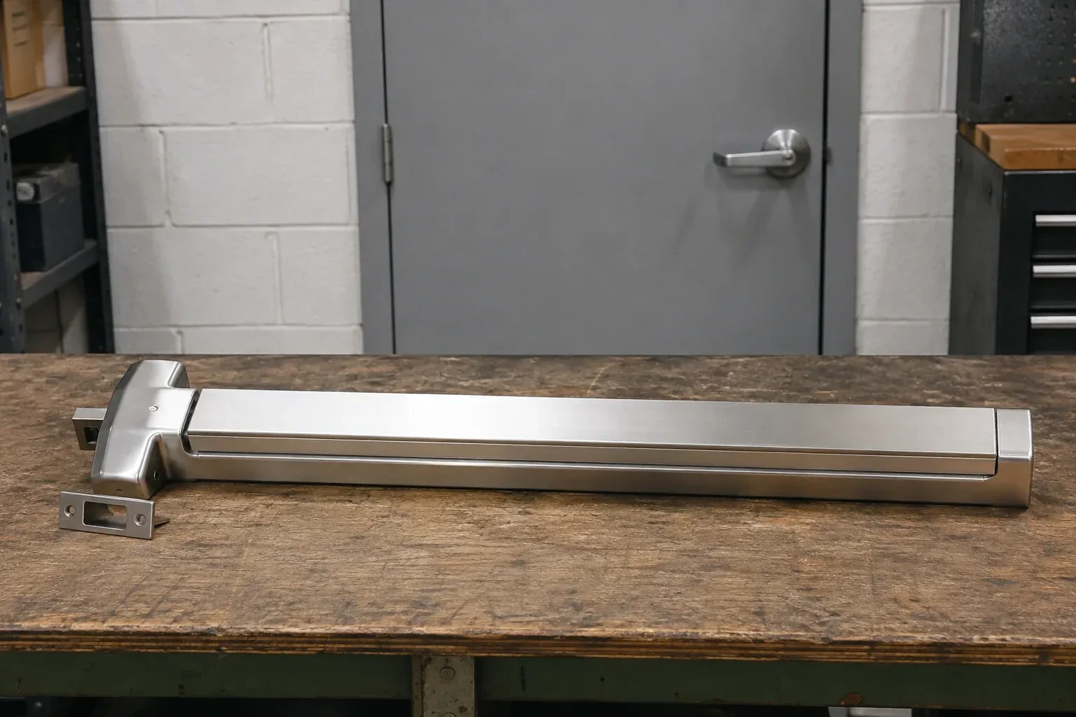 Detached horizontal exit device and separate strike component on a workshop bench. — Panic & Exit Hardware, St. Catharines