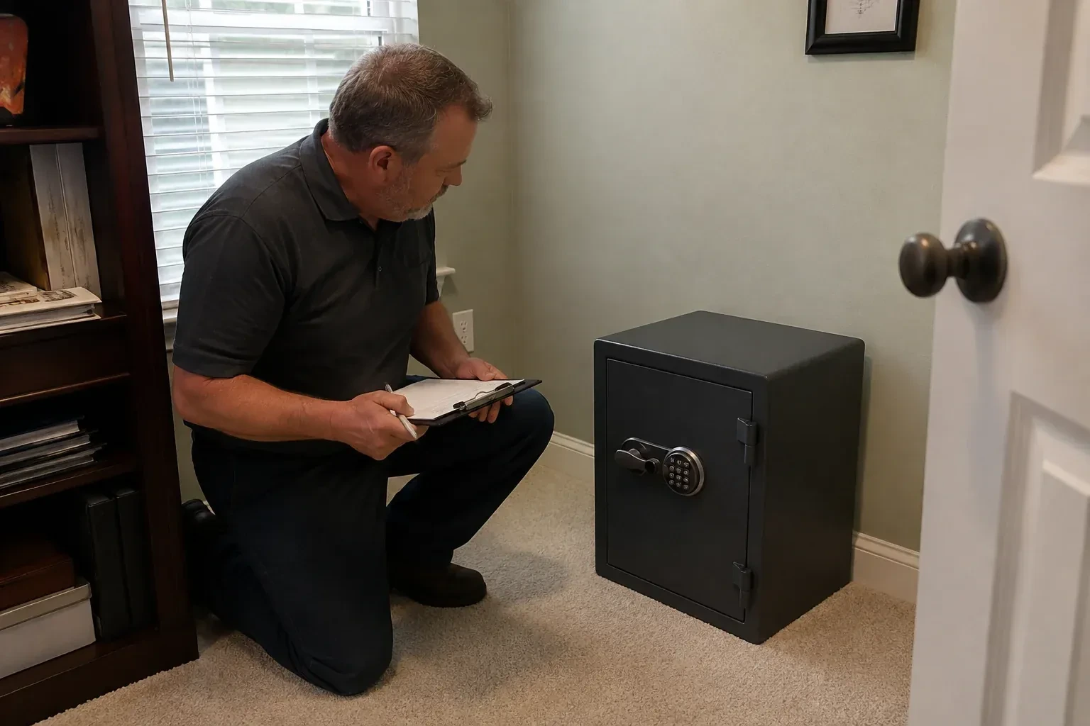 Person holding a clipboard beside a closed black safe with a circular keypad in a carpeted room. — Safe Installation & Servicing, St. Catharines