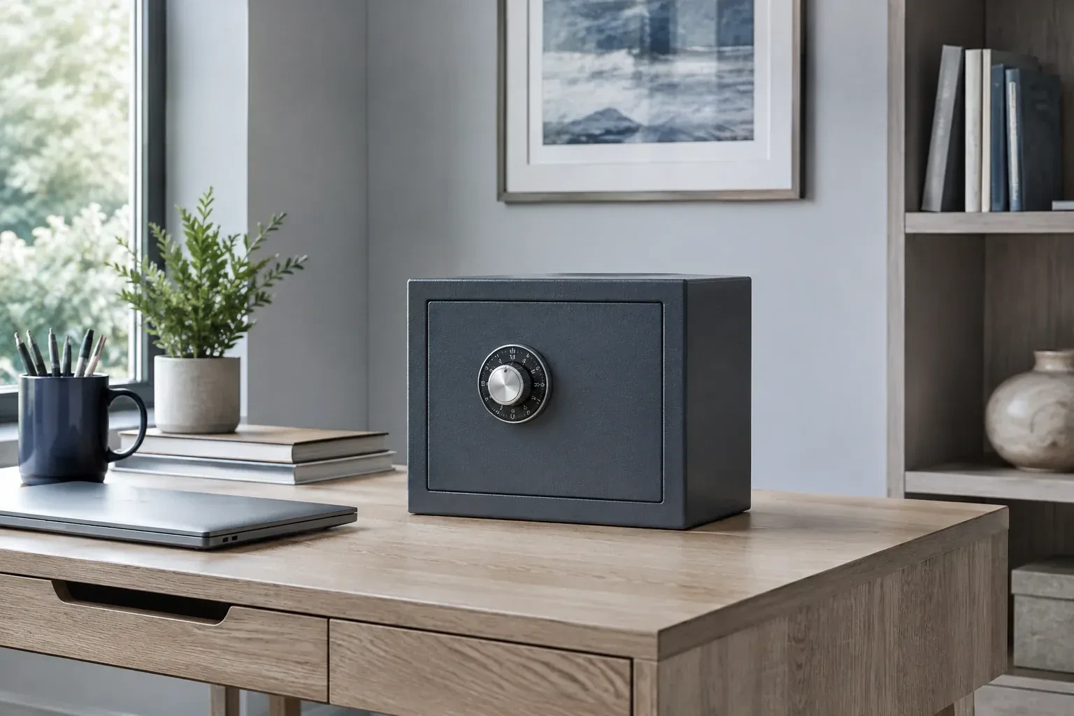 Small dark safe with a combination dial on a wooden desk beside a closed laptop and books. — Safe Opening & Combination Change, St. Catharines