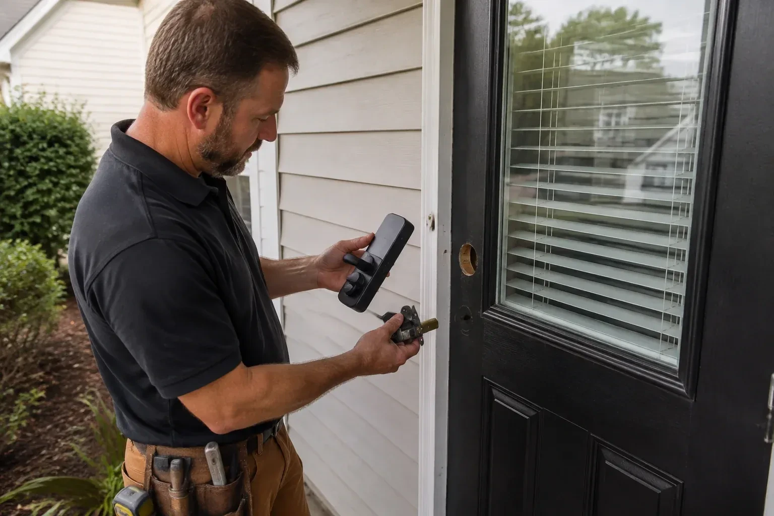 Person holding a black door-handle assembly and a latch beside a glazed door with exposed lock openings. — Smart Lock Installation, St. Catharines