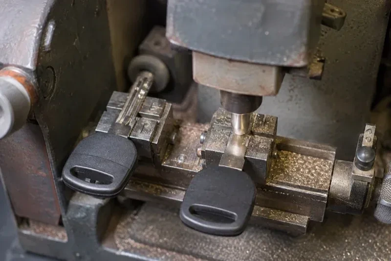 Two black-headed keys clamped in a bench machine, one beneath a vertical cutter, with metal shavings around the clamps. — Spare Car Key Duplication, St. Catharines