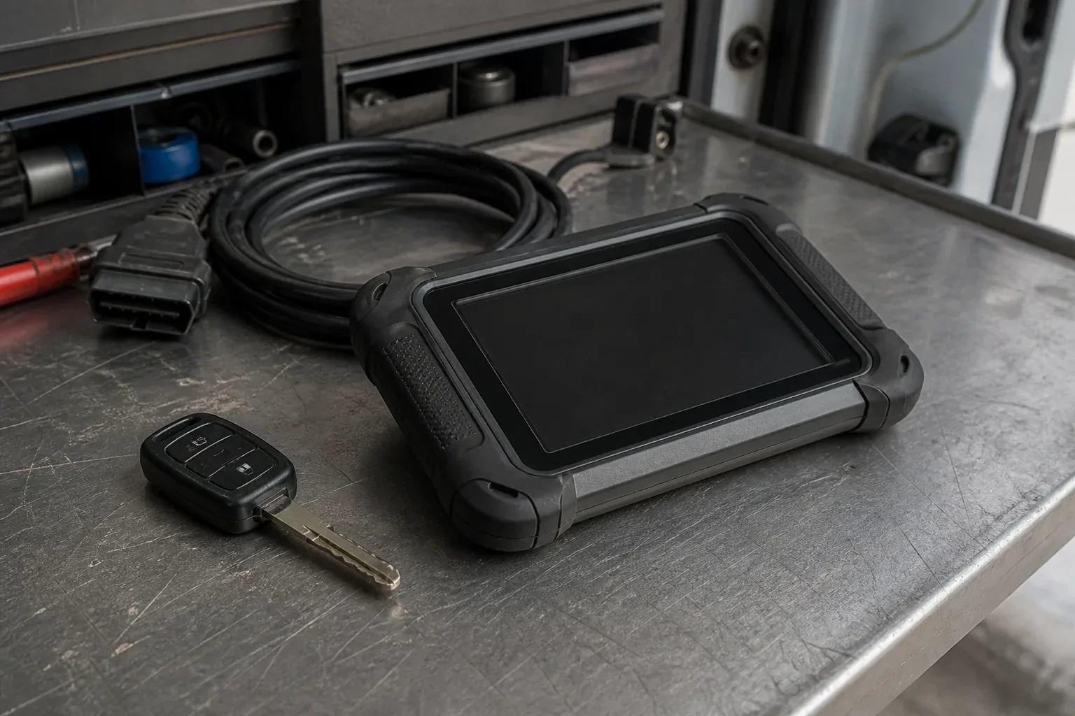 Vehicle key beside a dark diagnostic tablet and coiled connector cable on a workbench. — Transponder Key Programming, St. Catharines