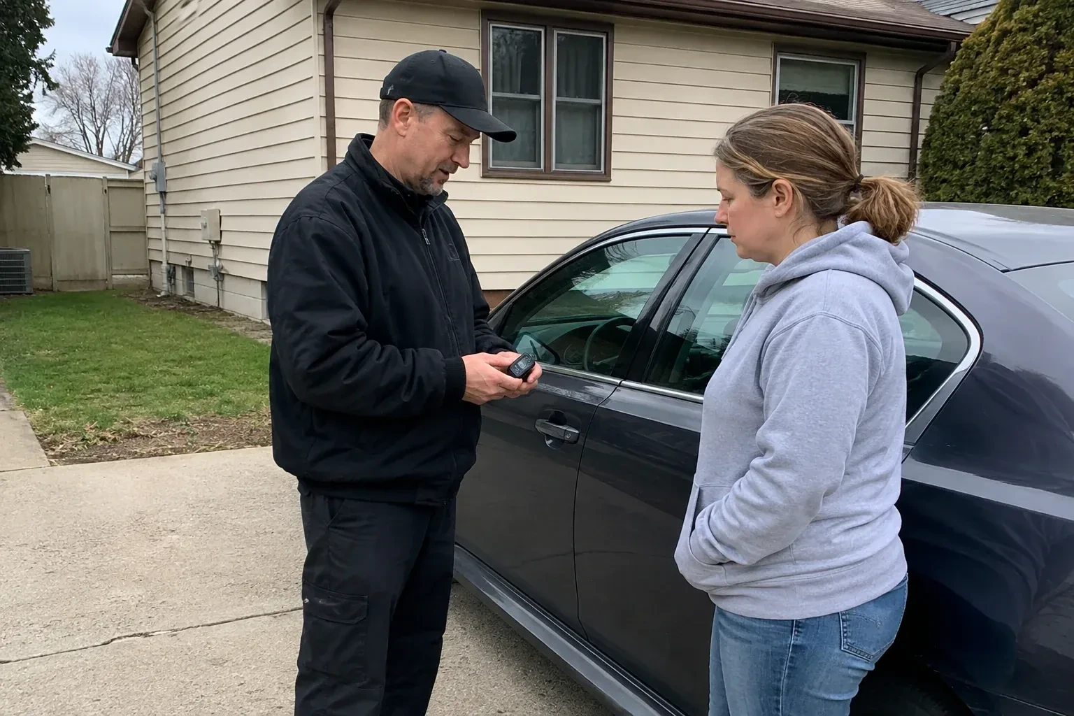 Two people standing beside a parked sedan, one wearing a cap and holding a small black device. — Vehicle Lock Repair, St. Catharines